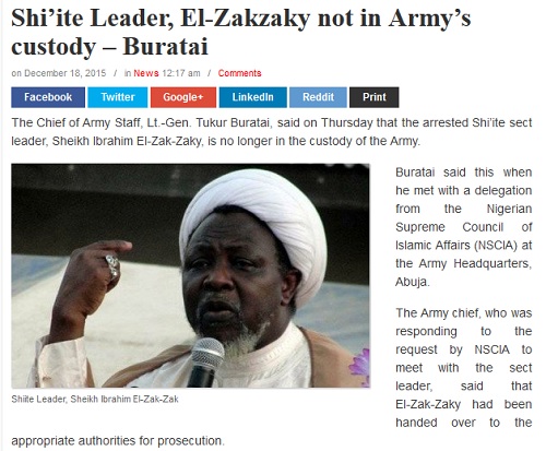 فرمانده ارتش نیجریه: زکزاکی دیگر در بازداشت ما نیست، به جای دیگر فرستاده شد