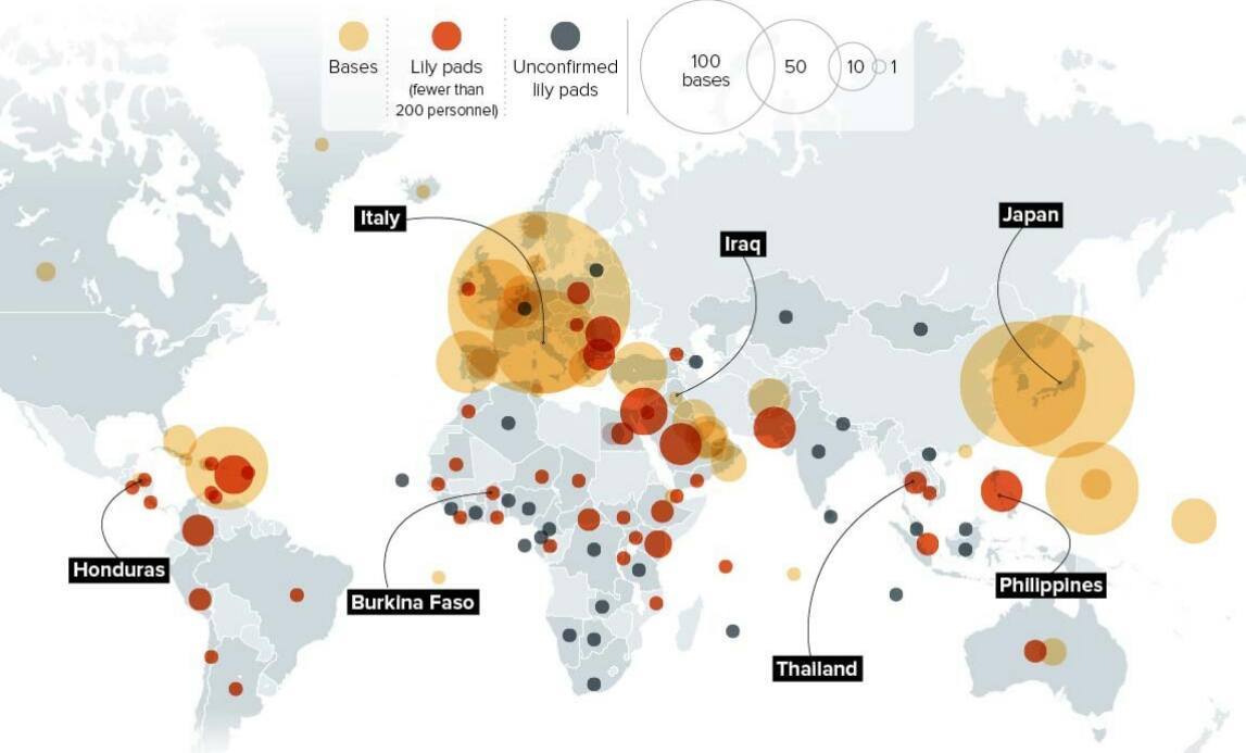 اینفوگرافی تعداد پایگاه های نظامی آمریکا در سرتاسر دنیا