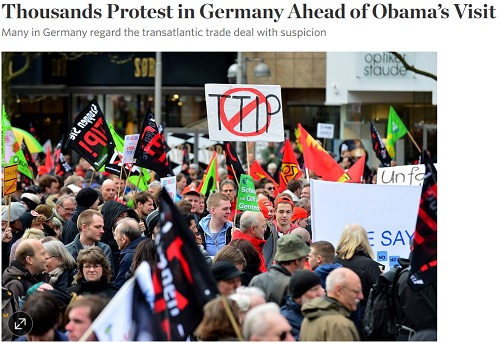 اعتراض آلمانی ها از ورود اوباما به این کشور/ تظاهرات 35000 نفری بر علیه پیمان تی.تی.آی.پی